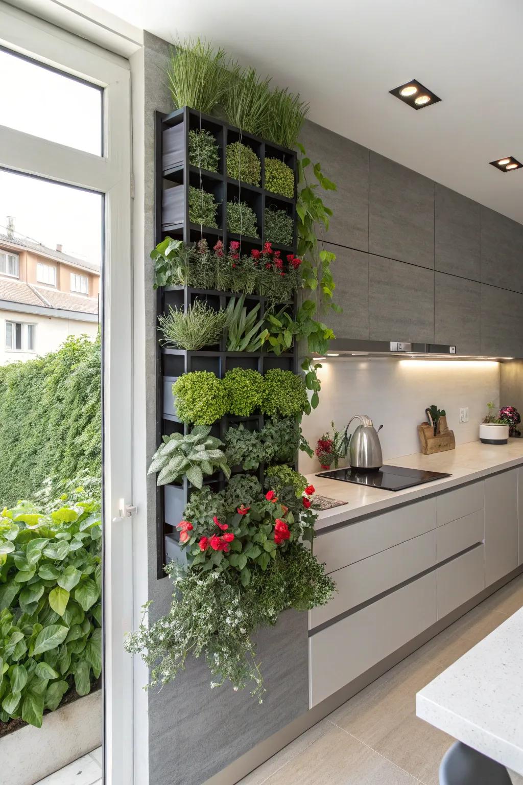 A vertical garden adds life and function to kitchen walls.