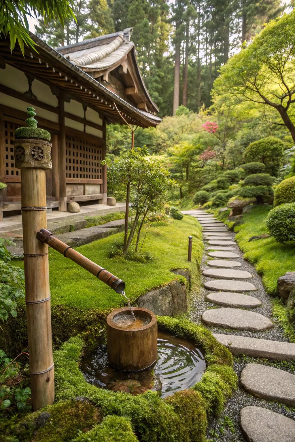 A small bamboo fountain adds a soothing element to the garden.