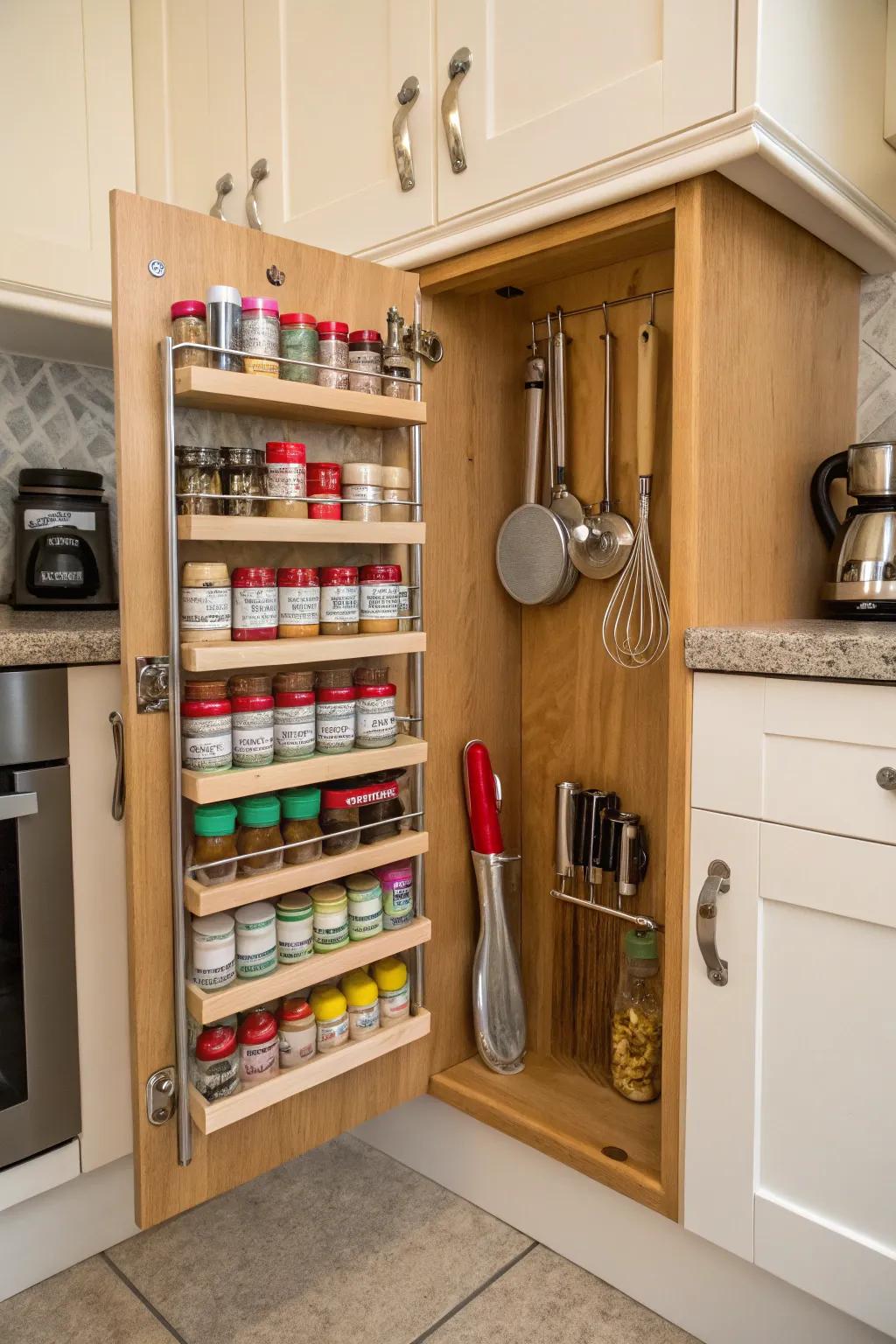 Maximize hidden spaces with cabinet door racks.