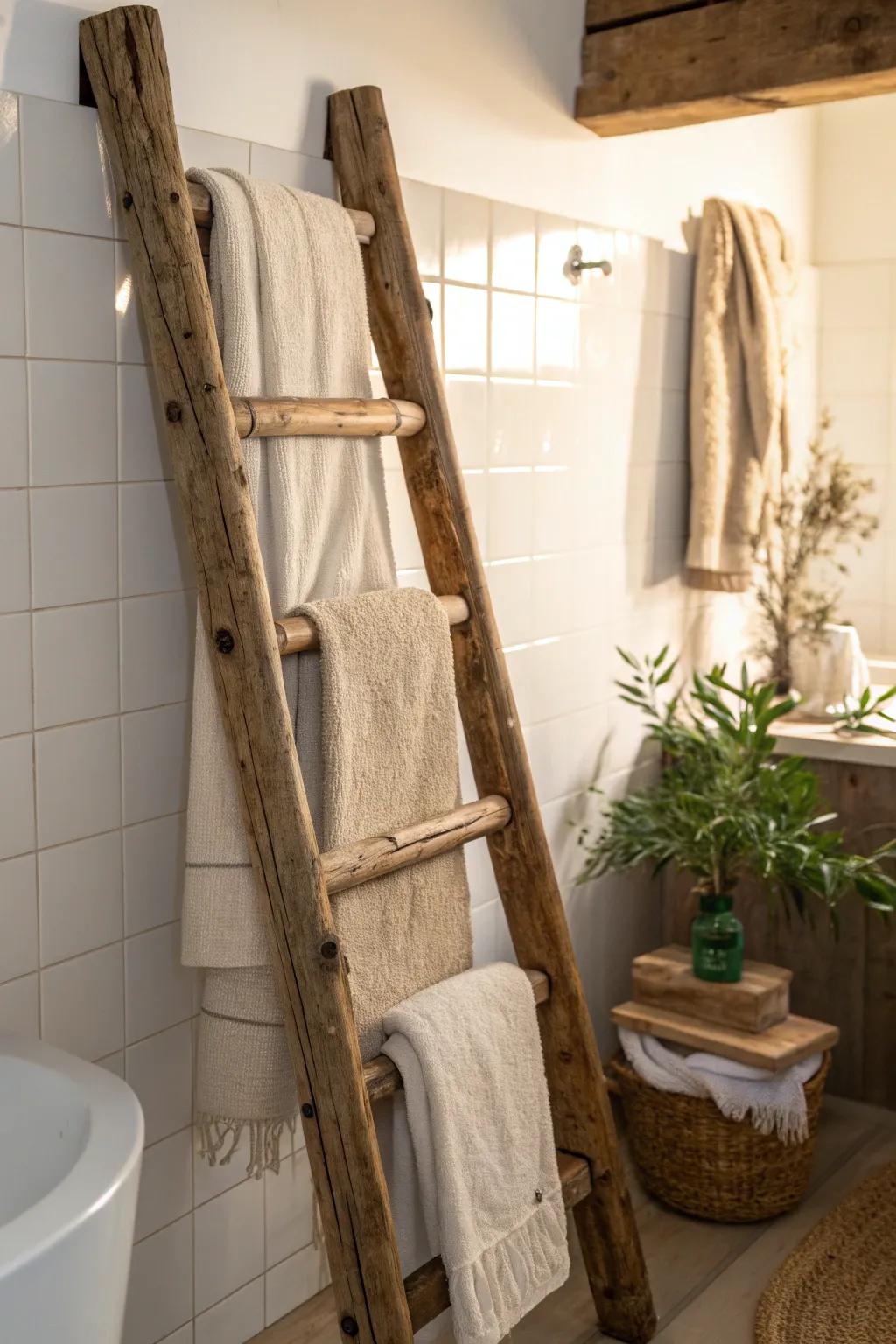 Transform your space with a rustic ladder towel rack—blend functionality with timeless charm.