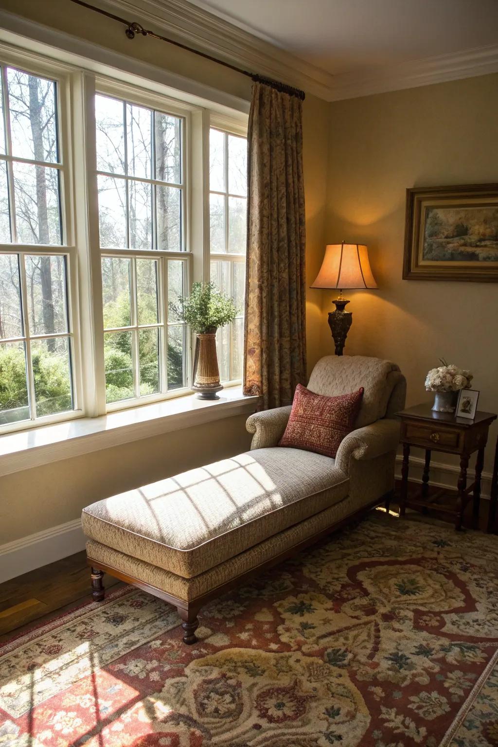 A bright and airy living room corner with a chaise lounge by the window.