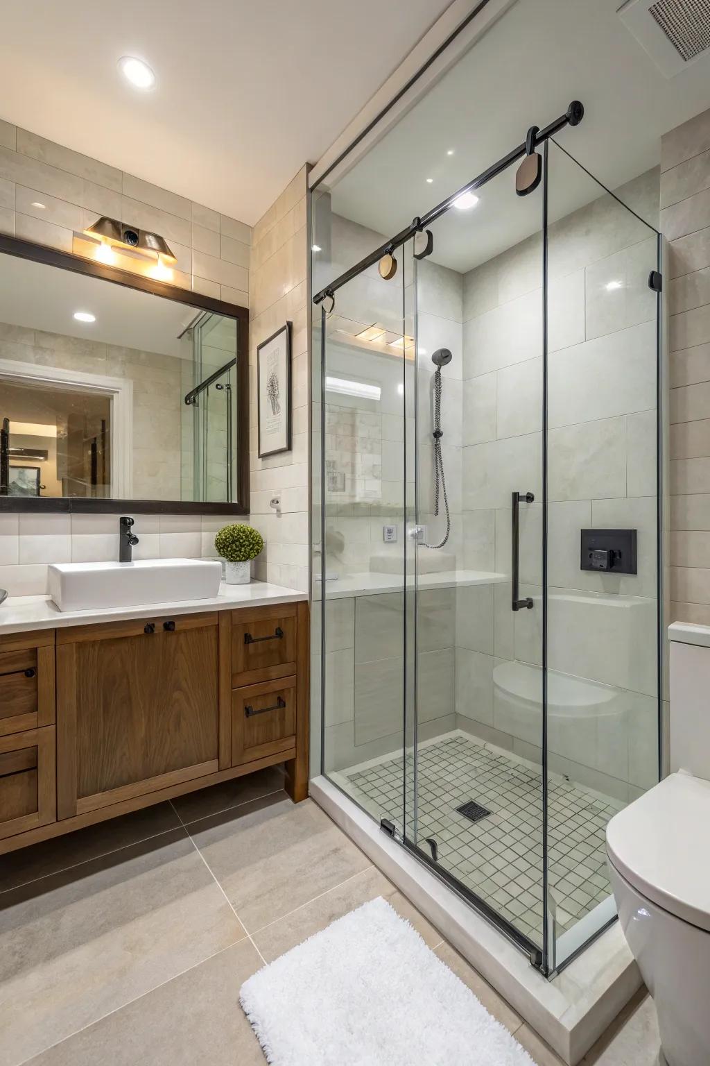 A small bathroom featuring frameless glass shower doors for an open feel.