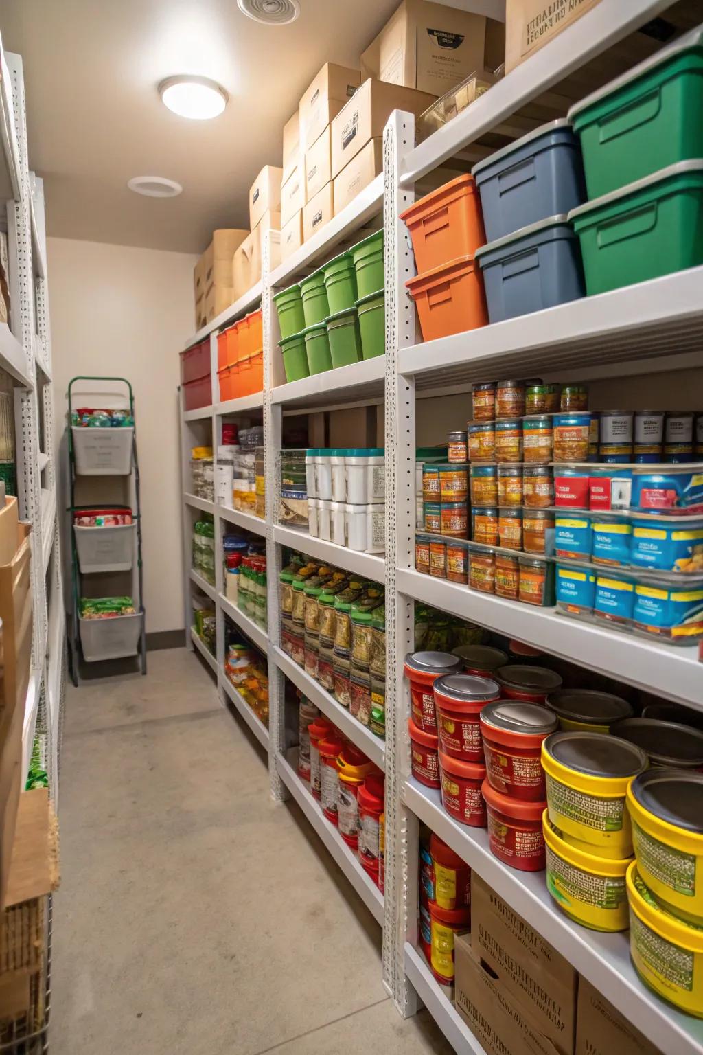 Maximizing vertical space with tall shelves and stackable storage.