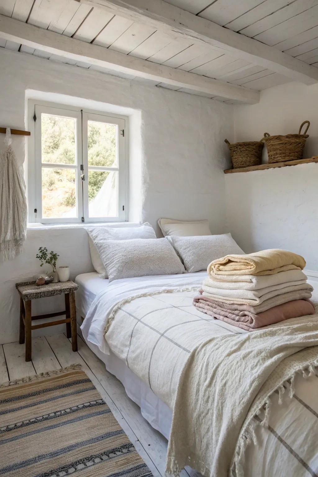 Light layers add depth and warmth to a small white bedroom.