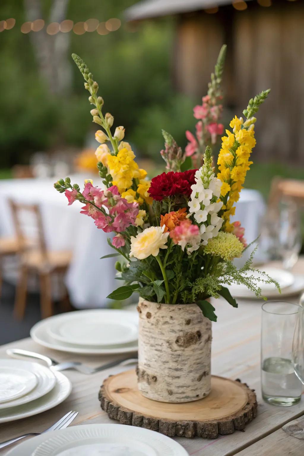 Snapdragons as the star in a lively table centerpiece.