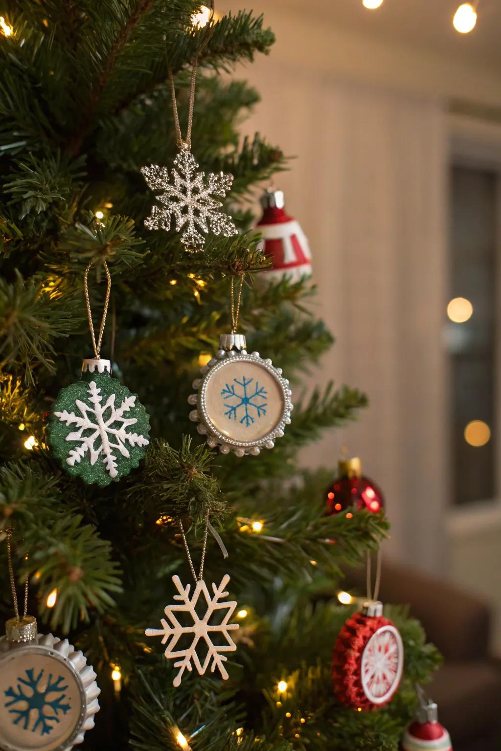 Bottle top snowflakes bring a unique recycled charm to your holiday decor.