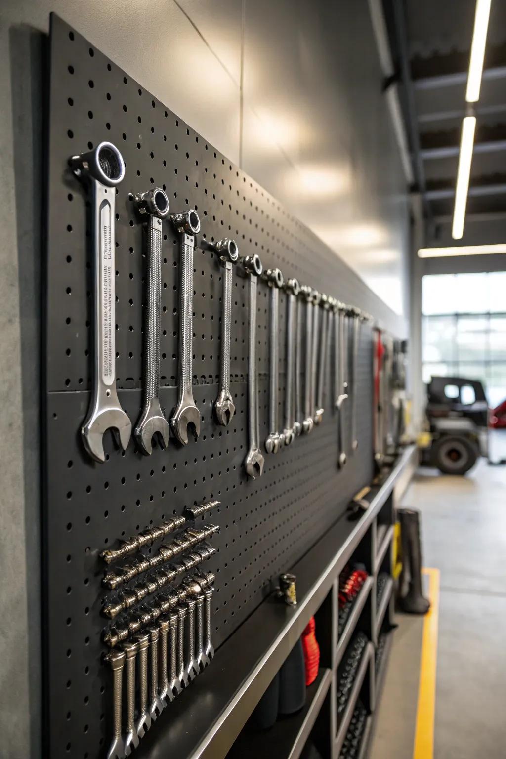 Transform your workspace with an industrial-chic pegboard display for socket wrenches!