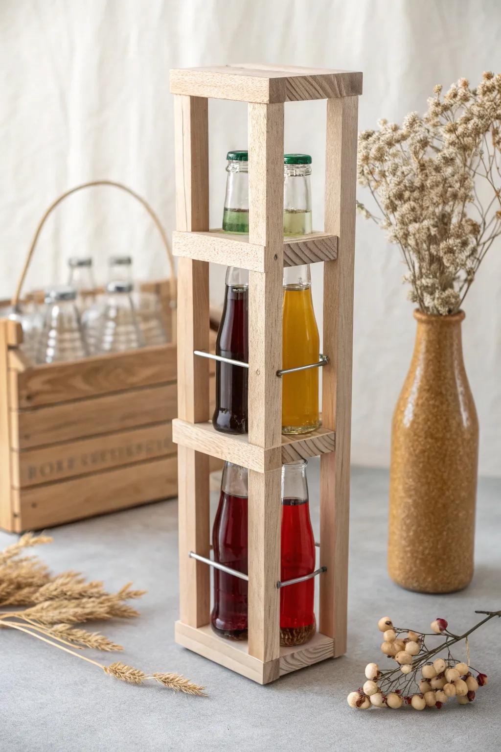 Elevate your space with a sleek vertical soda bottle tower, combining simplicity and style with a touch of boho charm.