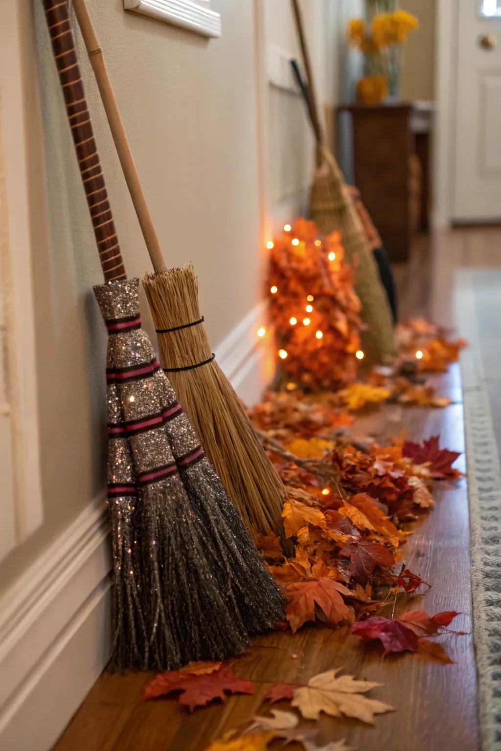 Glitter broomsticks make for enchanting Halloween decor.