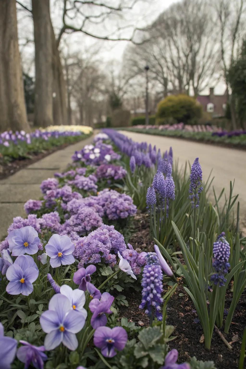 An elegant monochromatic flower bed featuring various shades of purple.