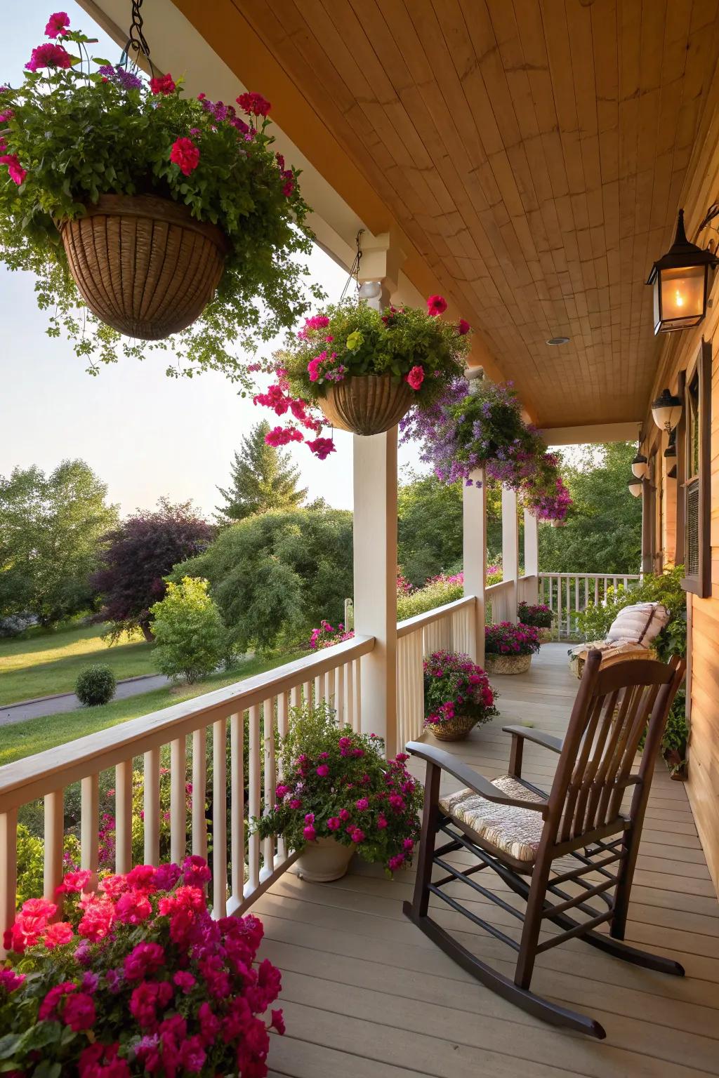 Colorful hanging baskets bringing life to the porch.