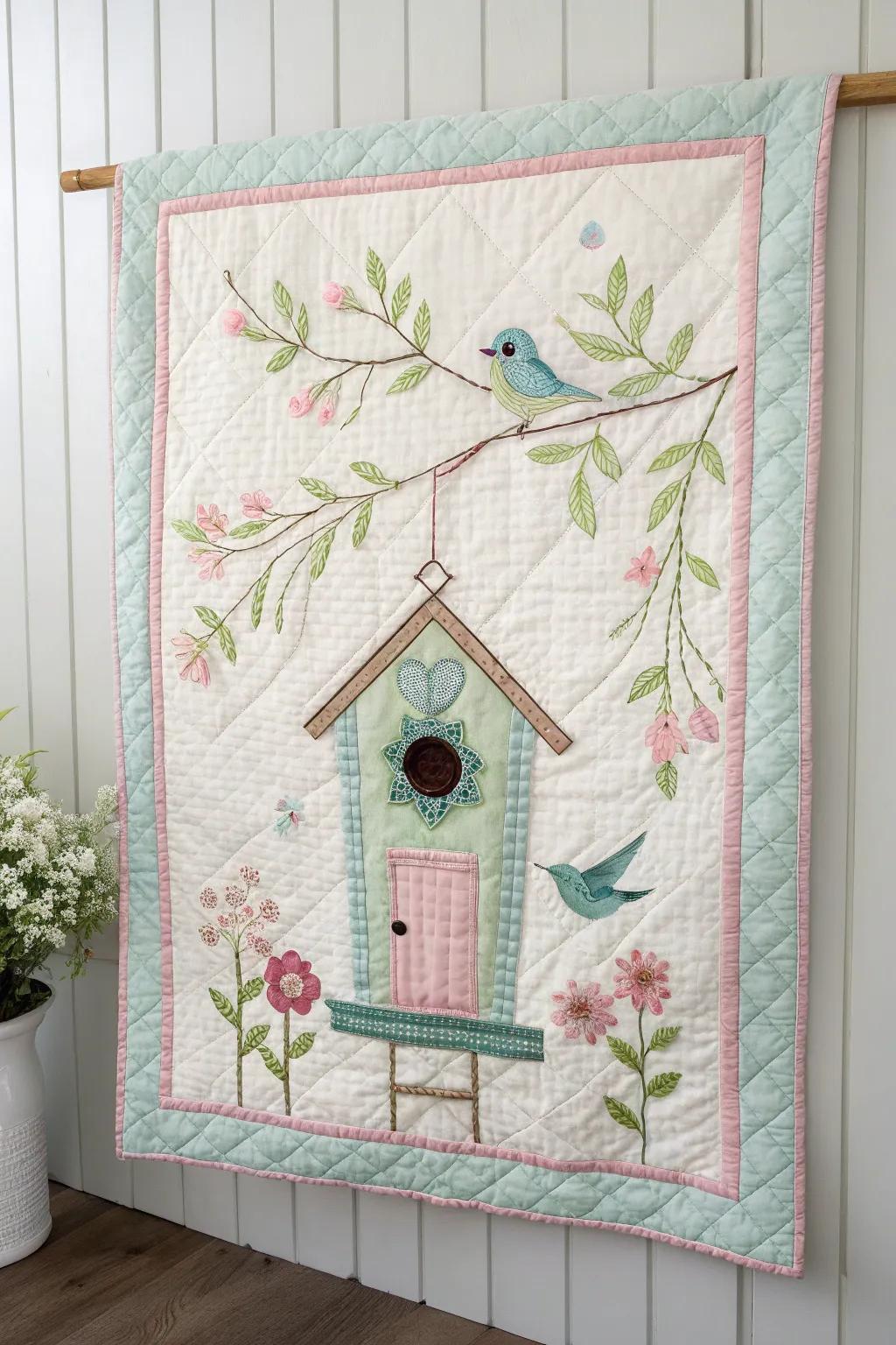 Bring the charm of spring indoors with a whimsical birdhouse quilt pattern.
