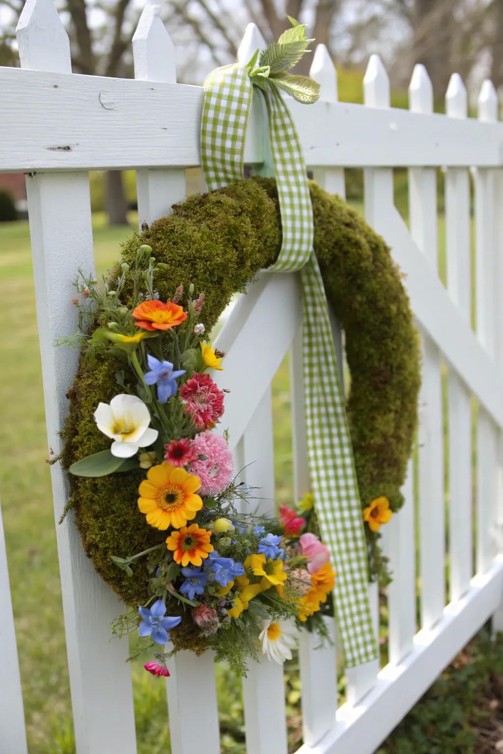 A whimsical moss purse wreath brings a playful touch to springtime decor.