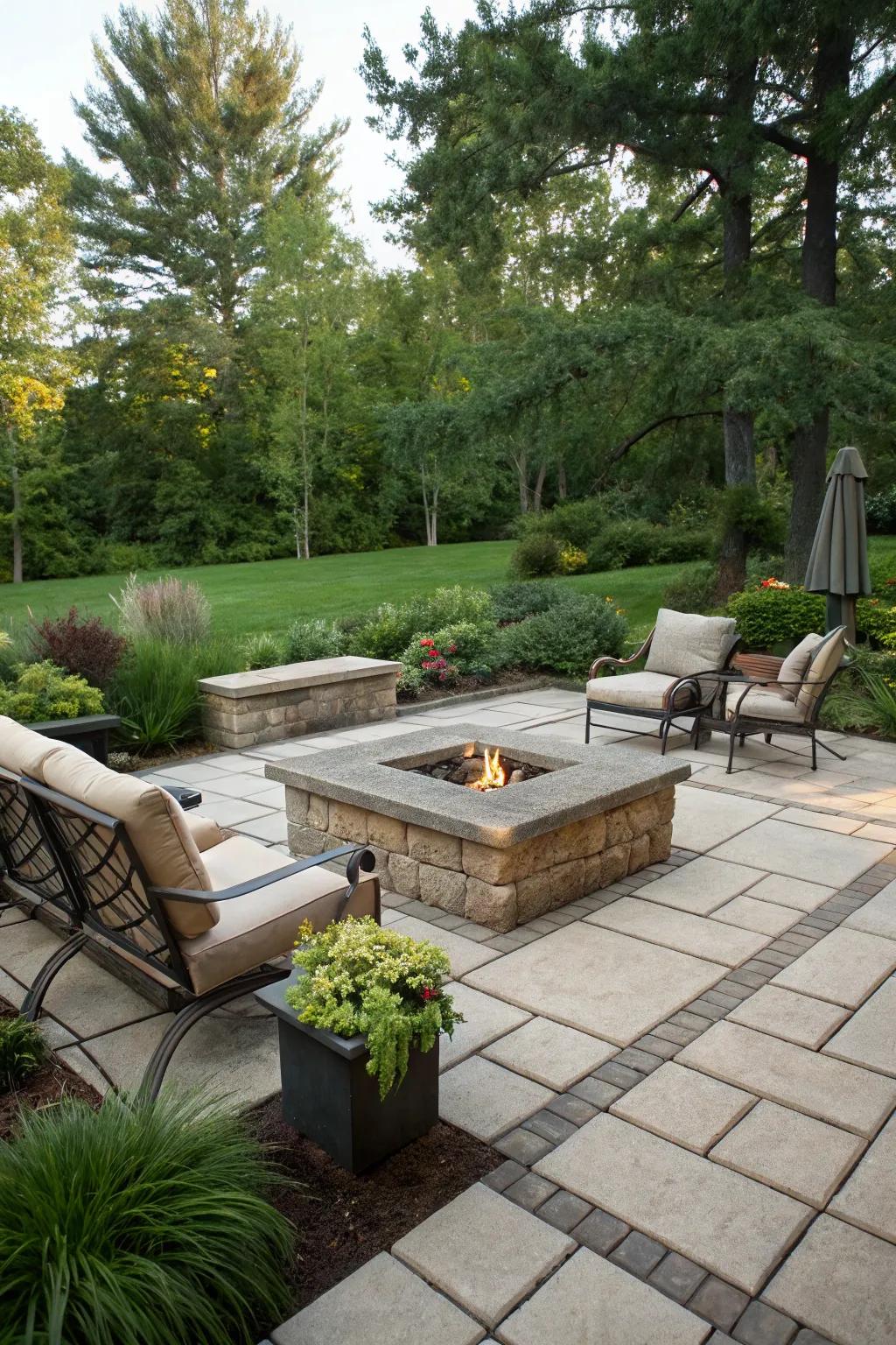 A rustic stone fire pit nestled in a cozy garden patio.