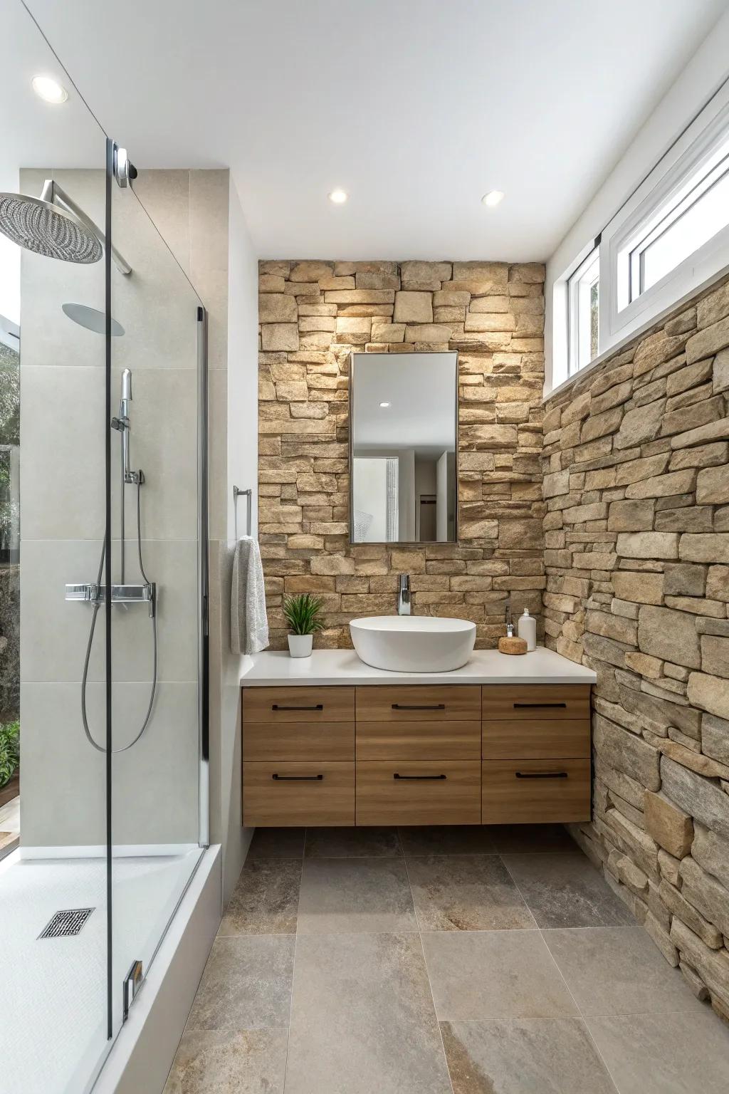 A stacked stone accent wall adds depth and intrigue.