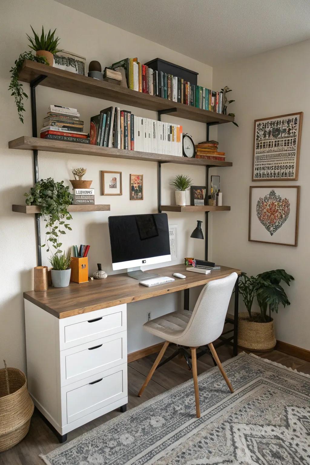 Floating shelves offer storage and style above your standing desk.