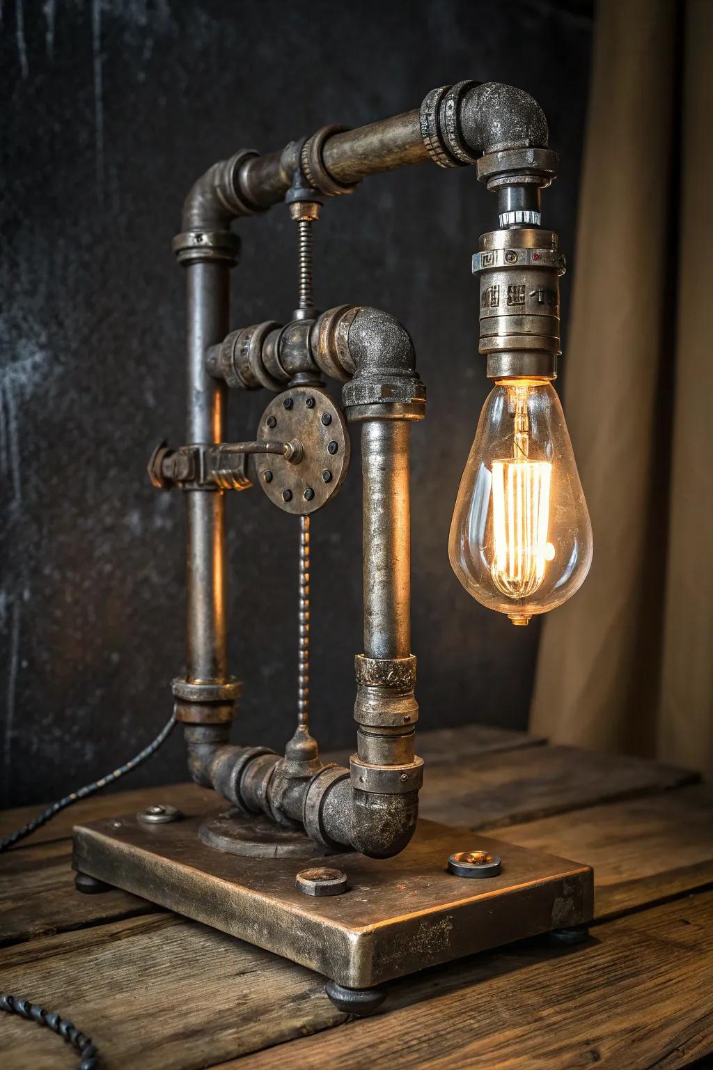 Illuminate your space with the distinct charm of a steampunk pipe lamp, where industrial design meets warm vintage glow.