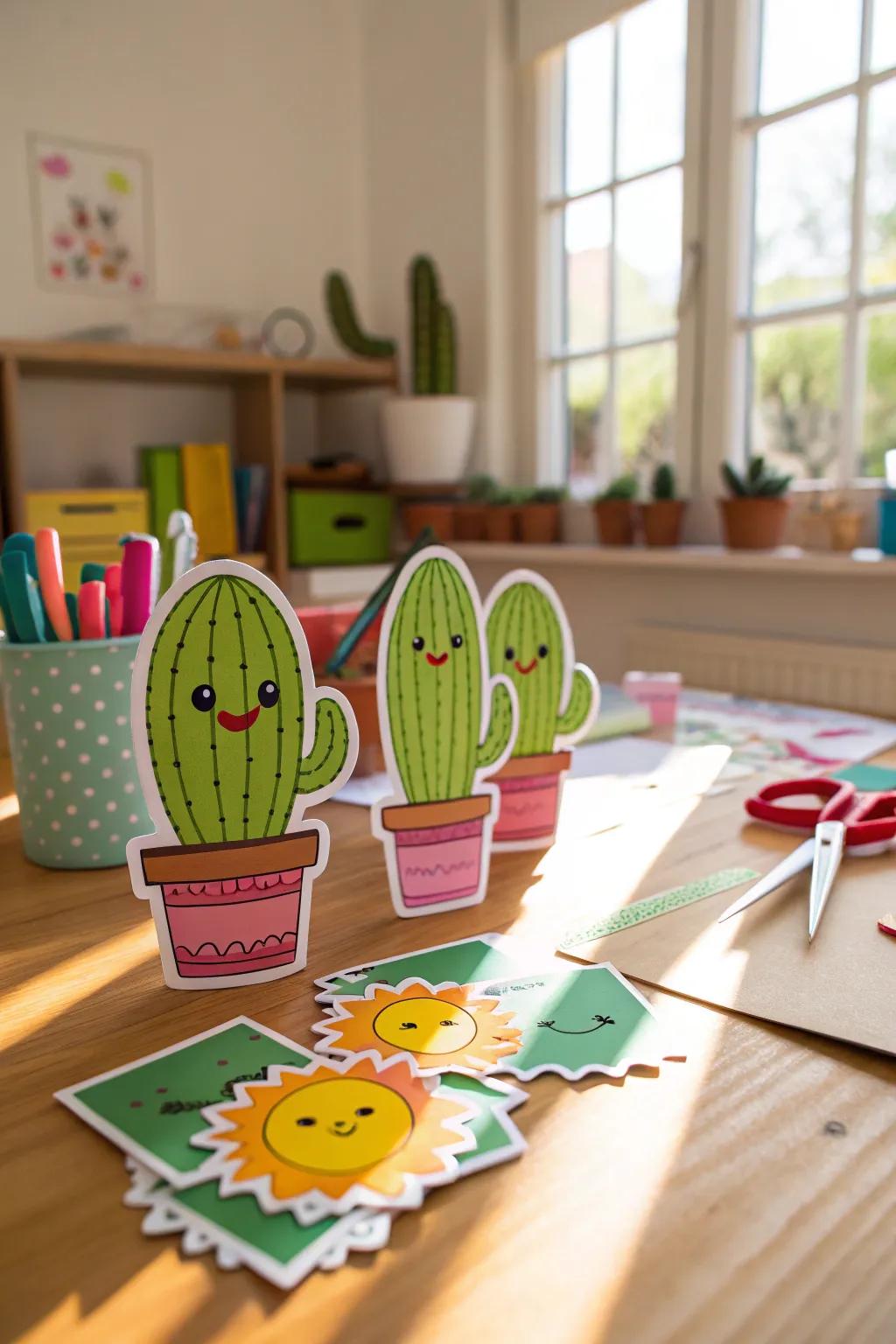 Adorable hand-drawn cactus stickers with cheerful expressions.