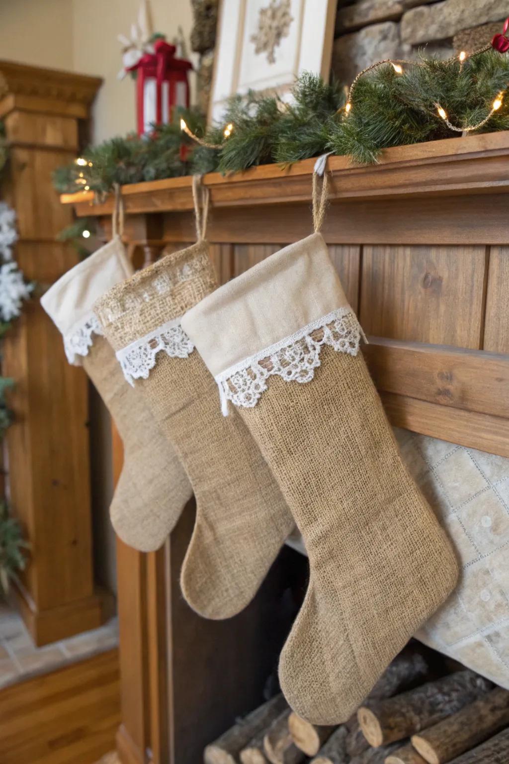 Rustic charm with burlap and lace.