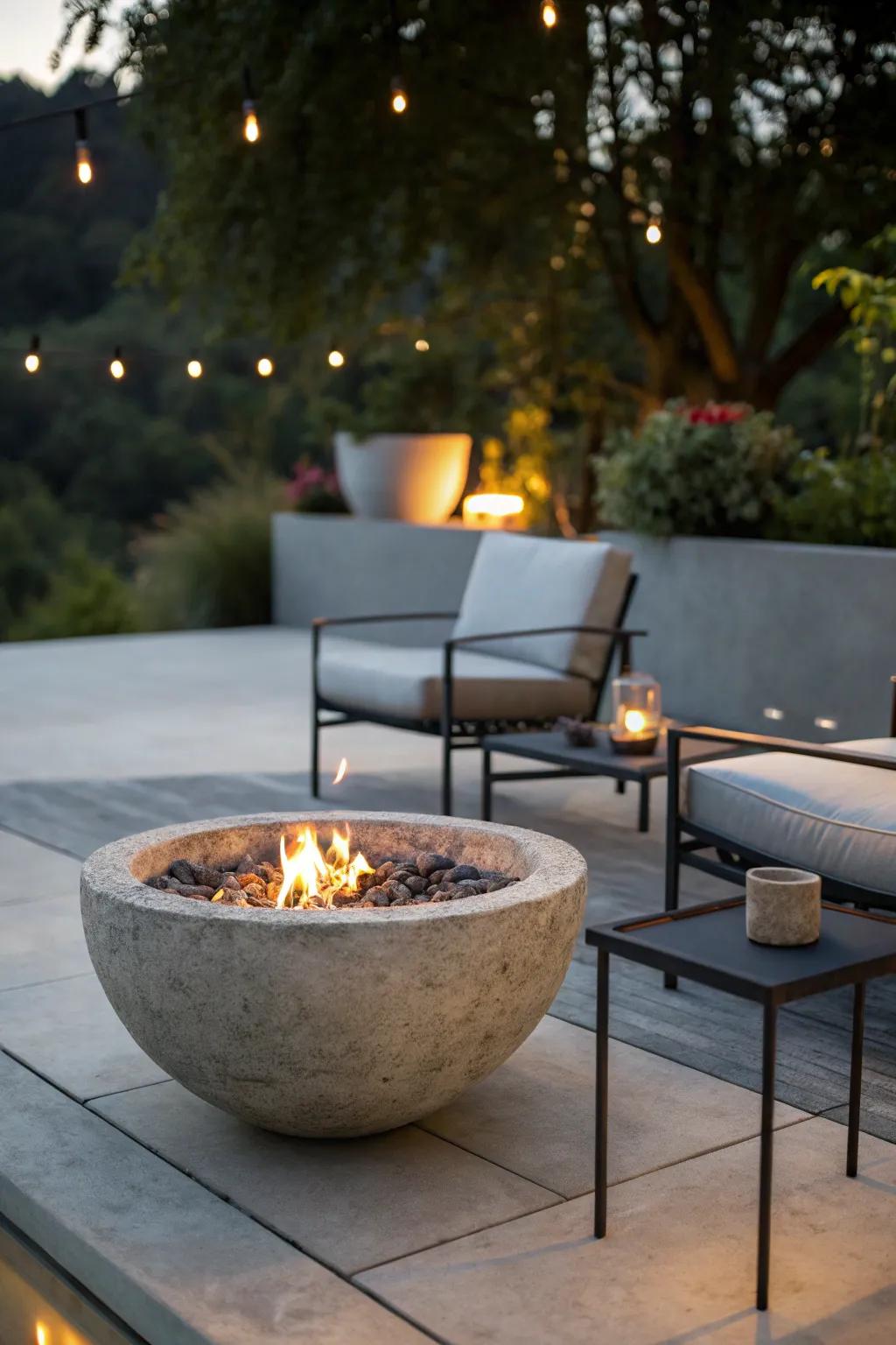 A sleek stone fire bowl adds a modern touch to the patio.