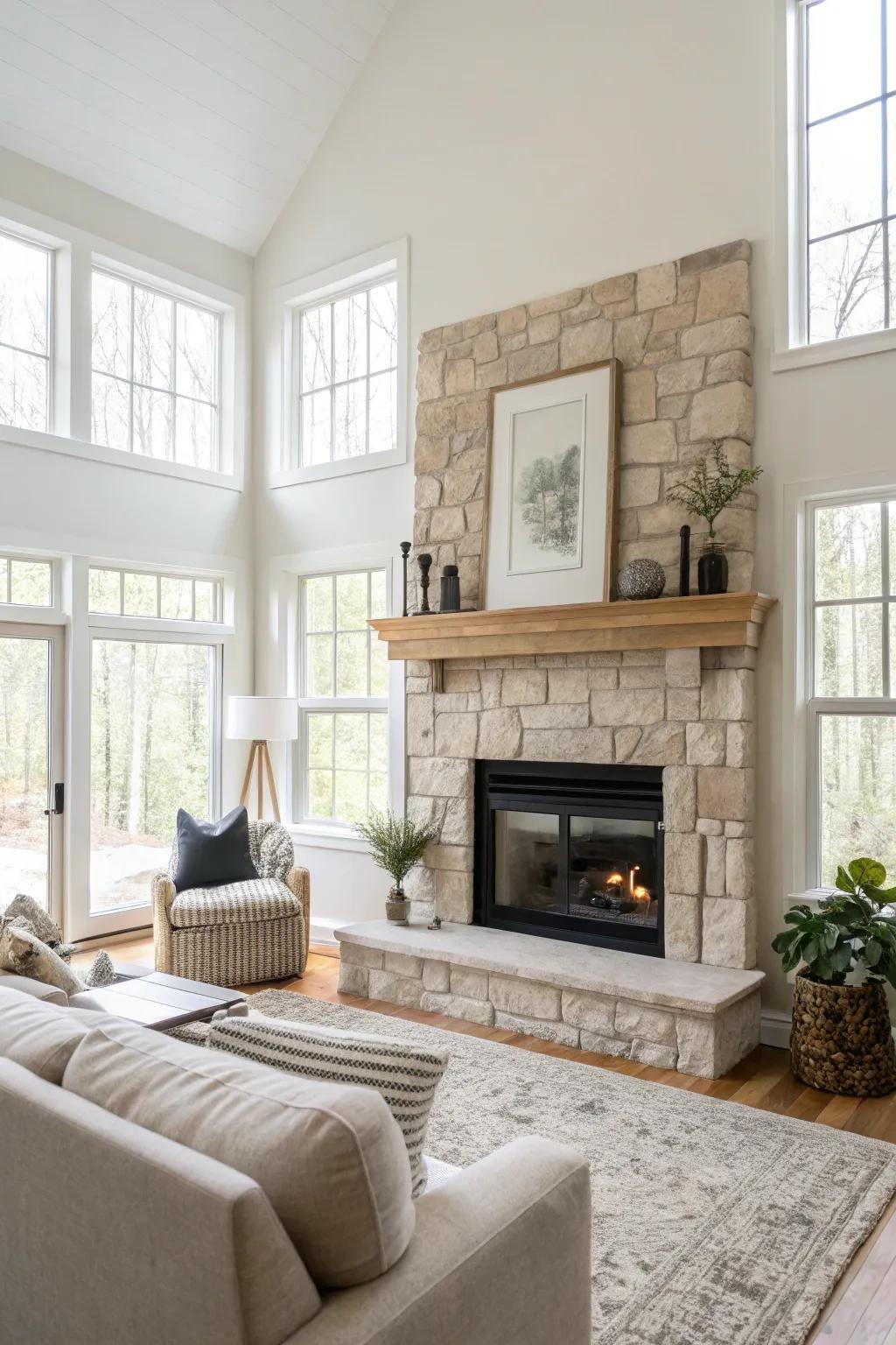 A neutral stone frame contributes to a minimalist and open living space.