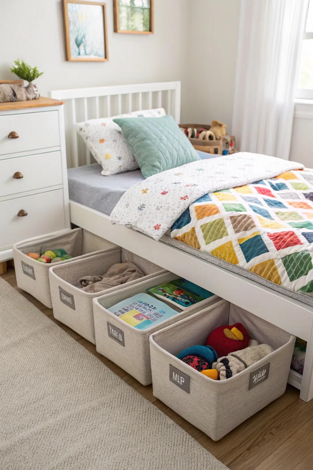 Under-bed storage bins are an excellent way to hide away toys and clothes.