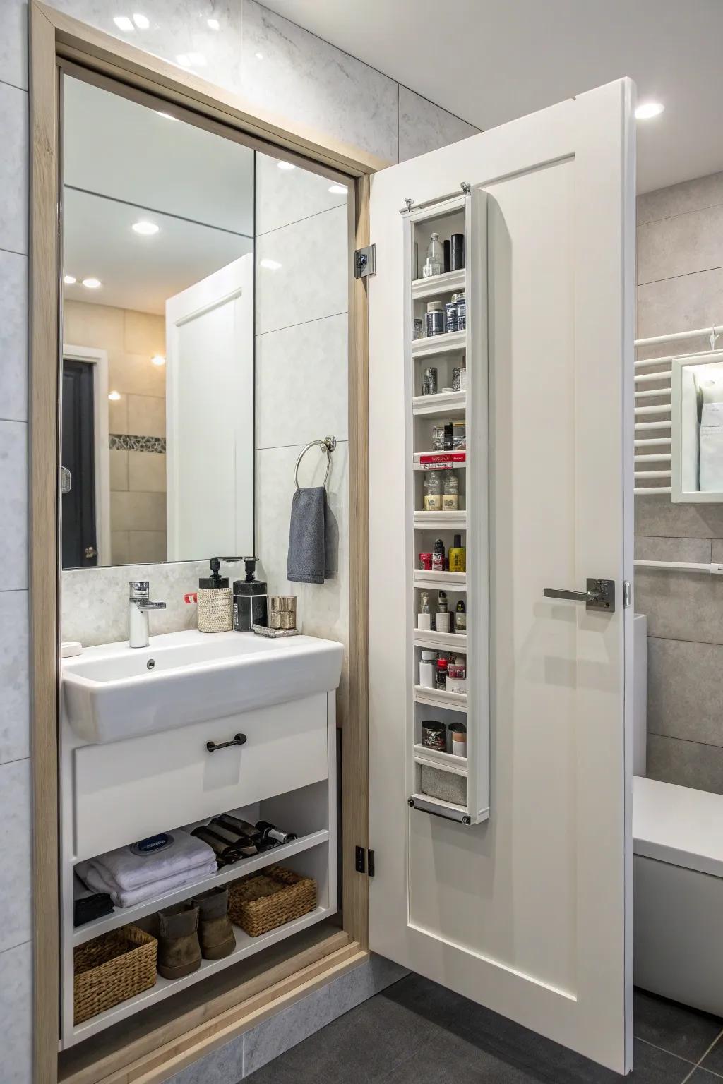 Mirror with hidden storage for a clutter-free bathroom.