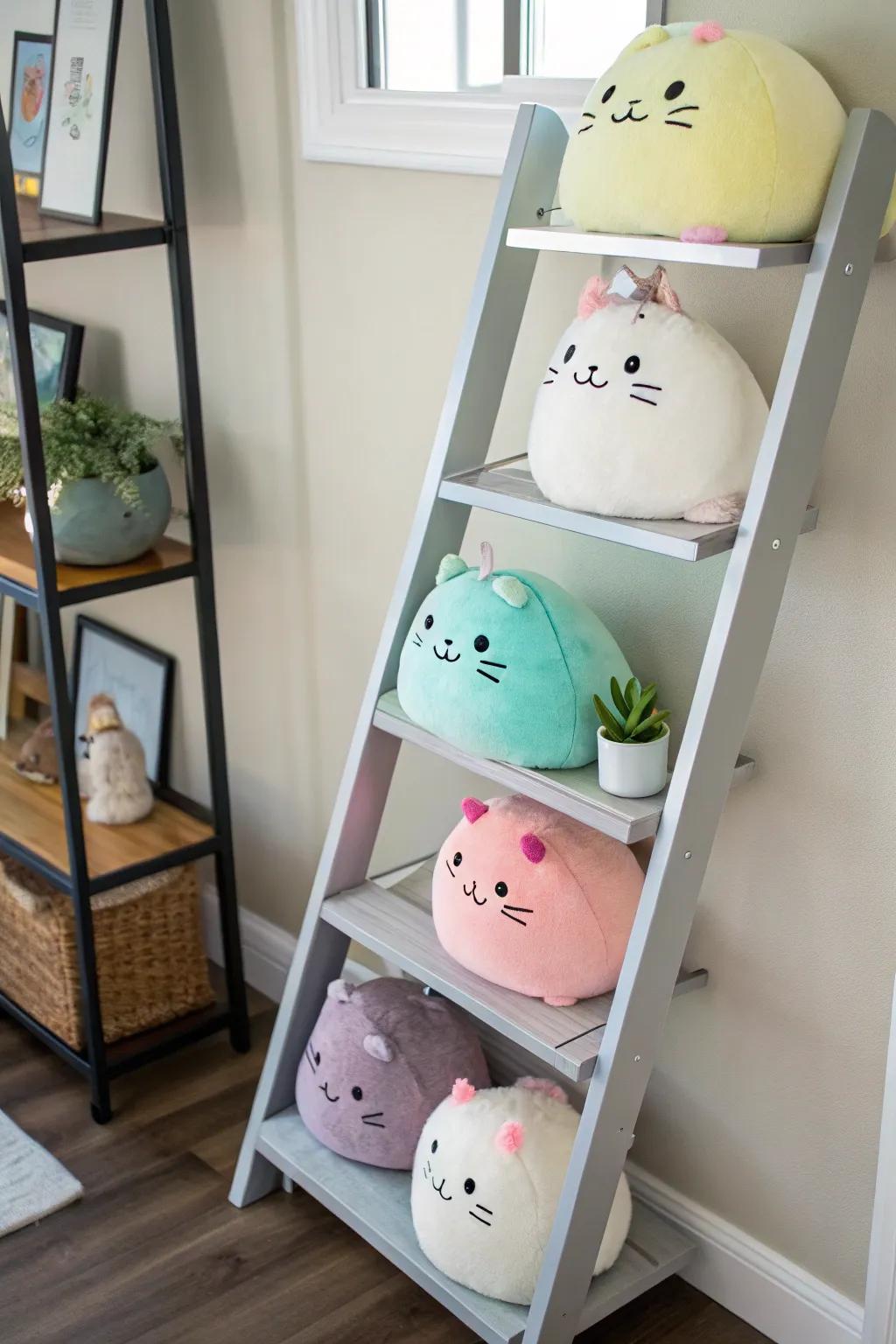 Ladder shelves elegantly display Squishmallows while saving space.