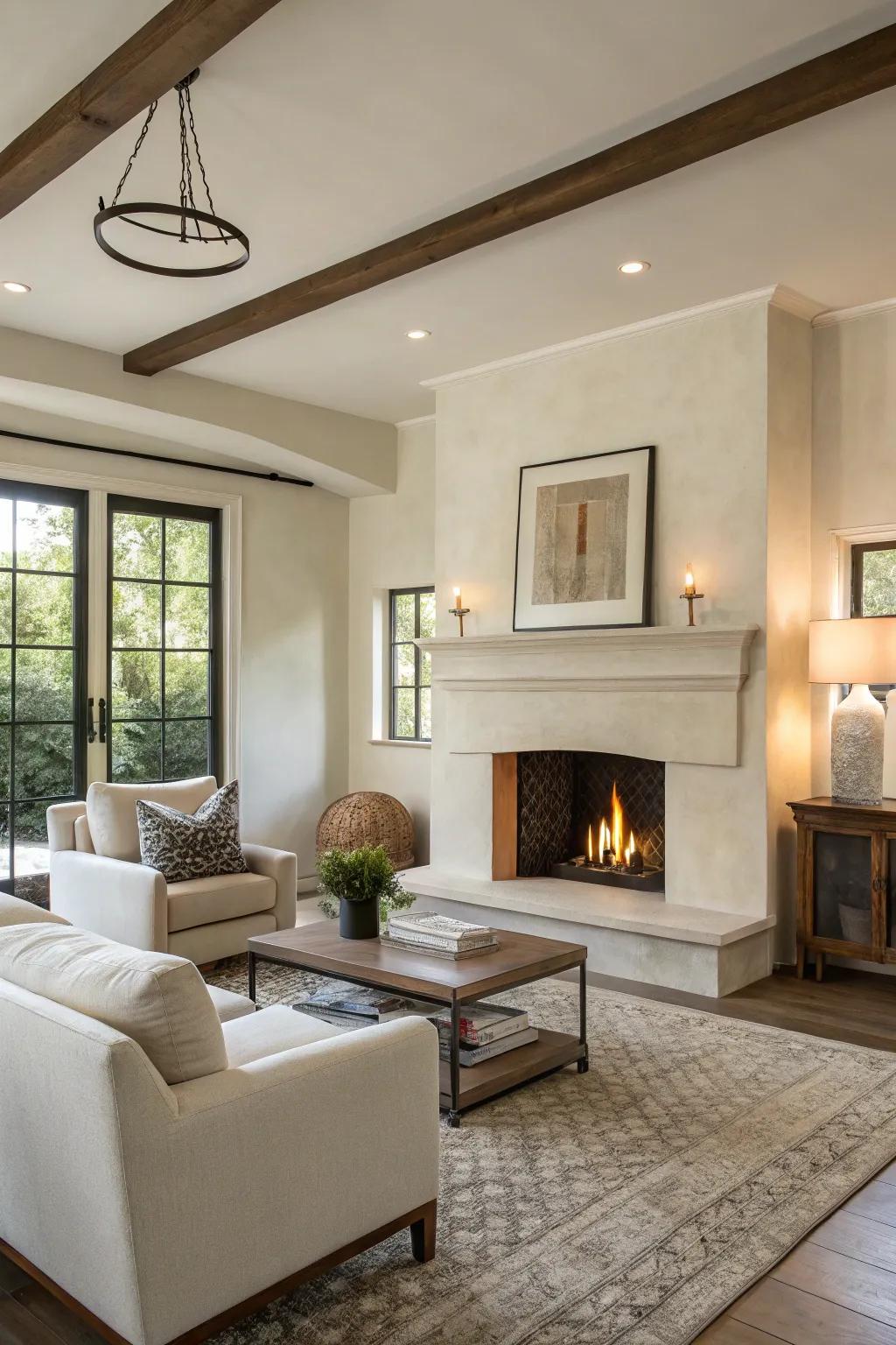 A smooth stucco fireplace adds a touch of modern elegance to this minimalist living room.