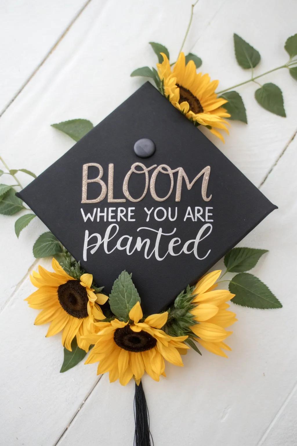Embrace new beginnings with a sunflower-inspired graduation cap that blooms with inspiration and style. 🌻 #GraduationStyle #SunflowerInspiration