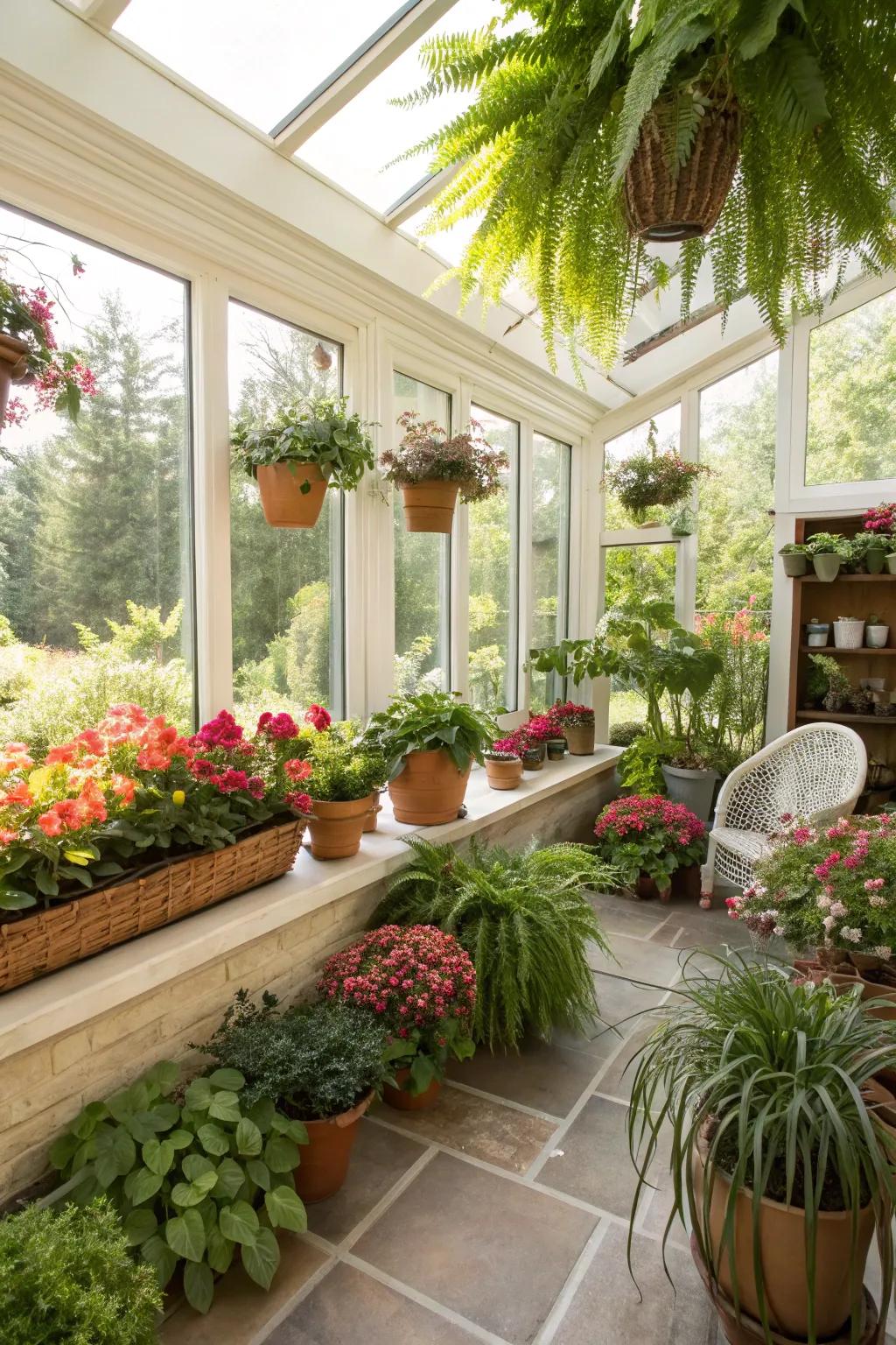 An indoor garden paradise in a sunroom, lush with greenery and blooms.