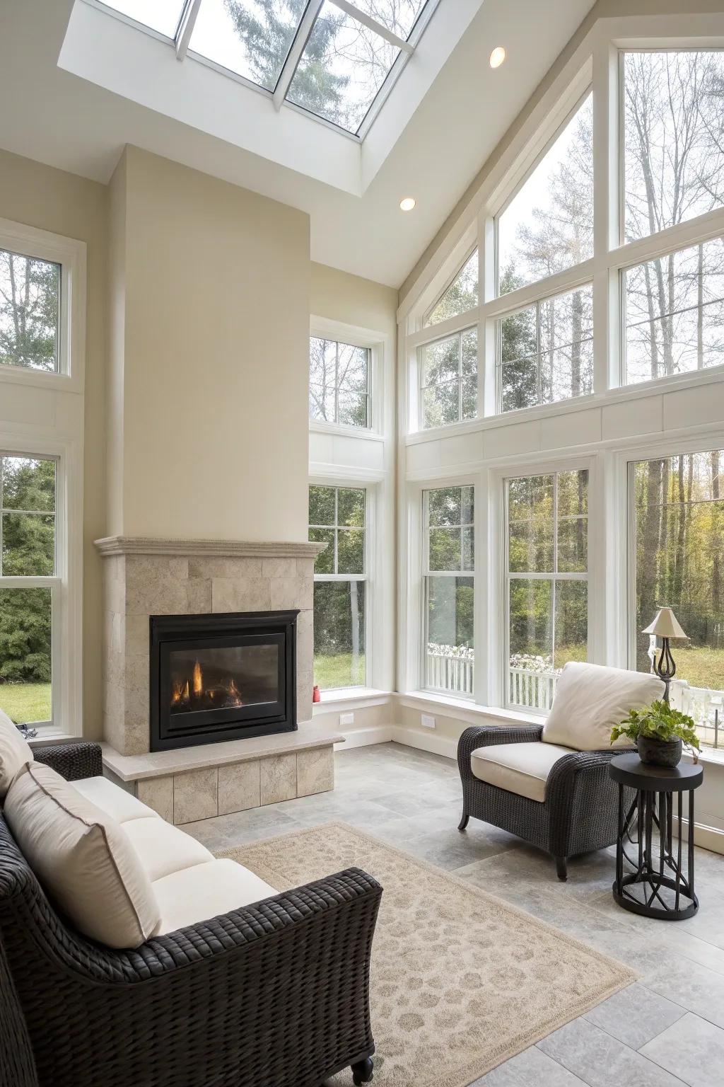 A minimalist black fireplace providing a sleek contrast in a bright and airy sunroom.