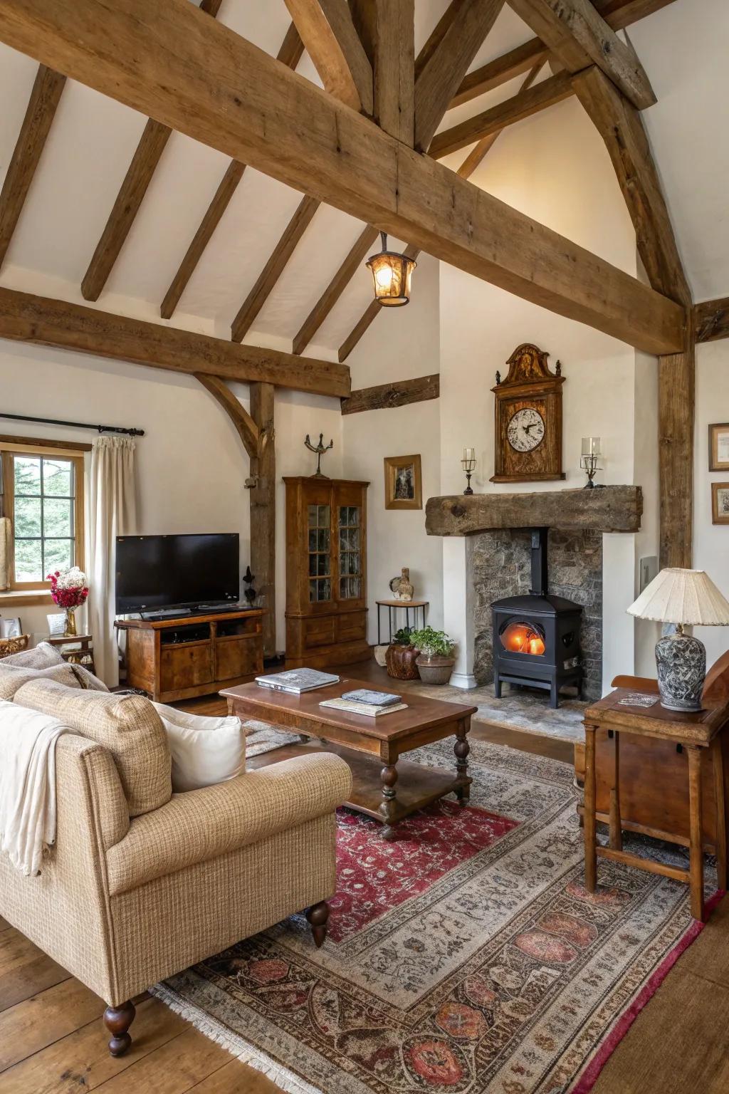 Farmhouse-style living room with rustic beams and vintage charm.