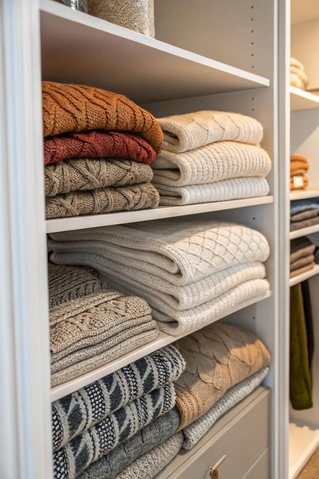 Shelf dividers keep sweater stacks neat and orderly.