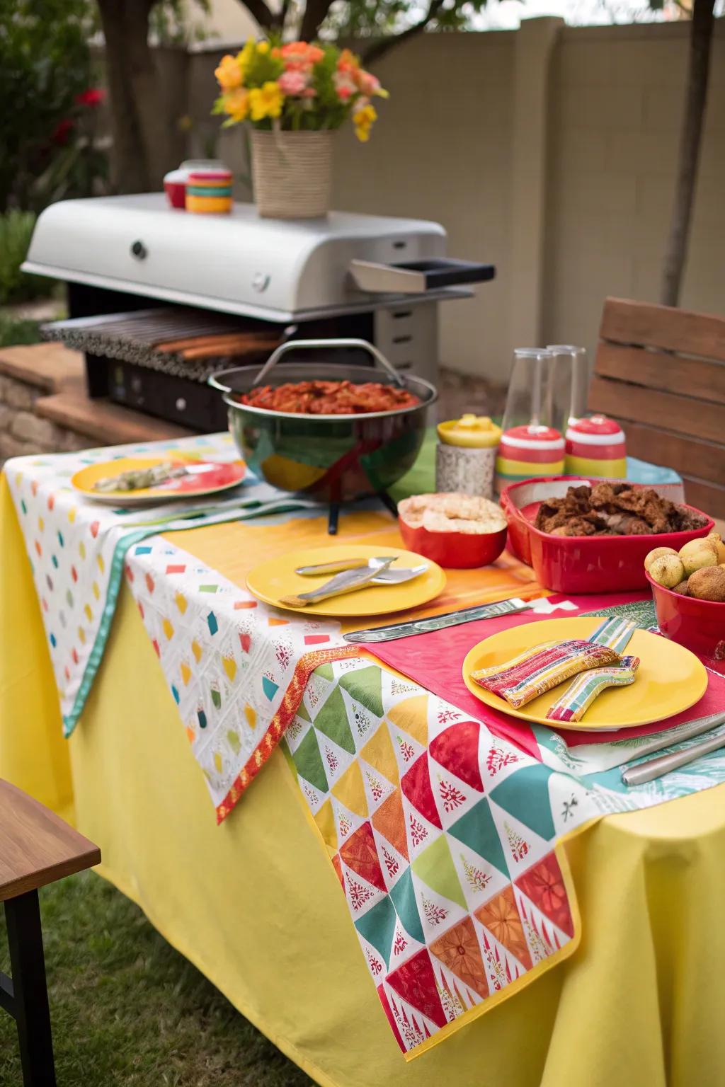 Vibrant table linens add a cheerful touch to your barbecue setting.