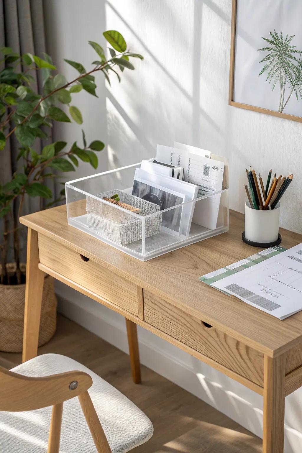 Organize with style: Embrace clarity and simplicity with transparent bins for your workspace.