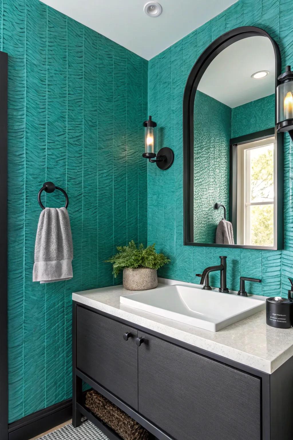 Textured teal wallpaper creating an elegant focal point in the bathroom.