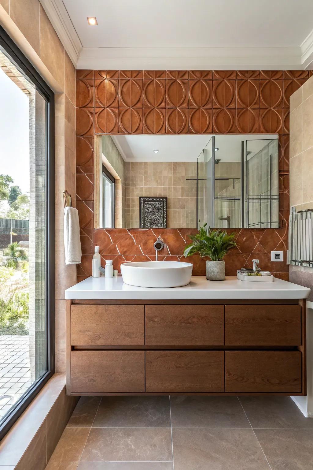 A striking terra cotta tile feature wall enhancing the bathroom's aesthetic.