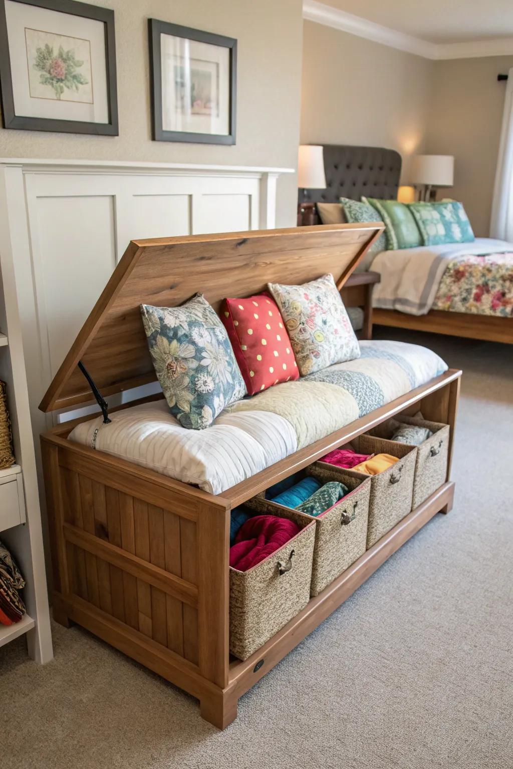 A bedroom bench providing hidden storage for throw pillows.