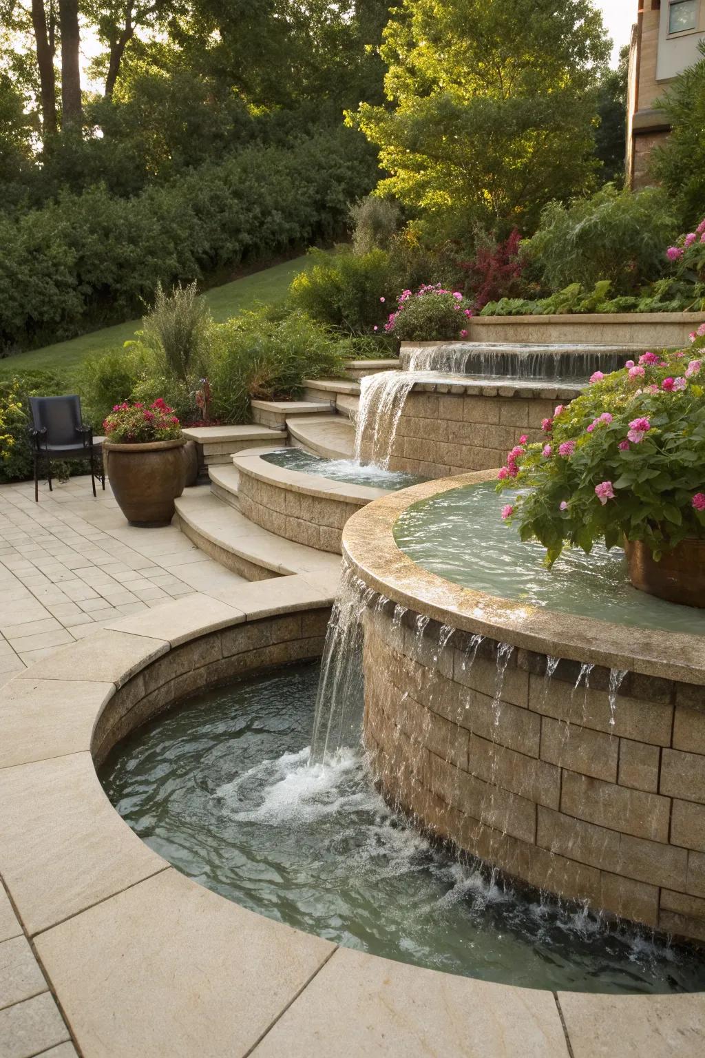 A cascading water feature enhances the tranquility of a tiered patio.