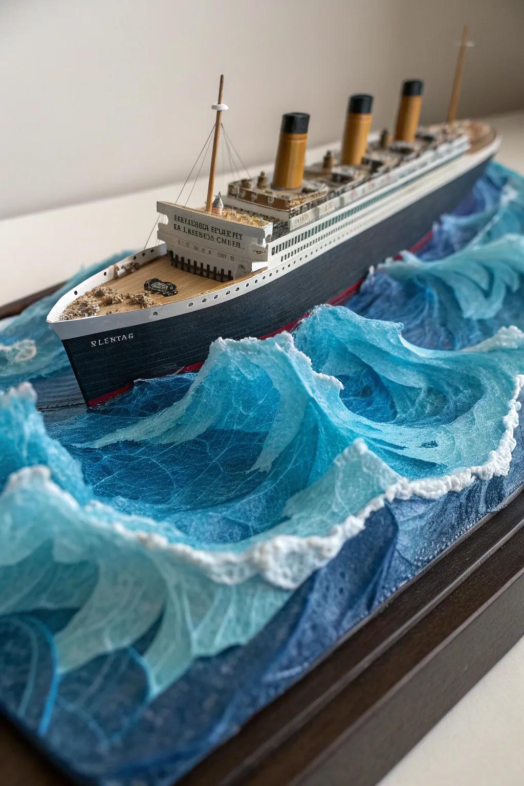 Dive into craftsmanship with this stunning Titanic diorama, where ocean waves come to life.