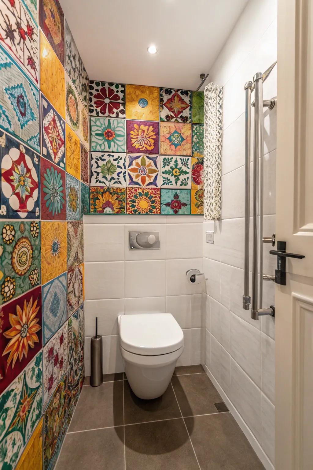 Bold tiles create a vibrant focal point around the toilet.