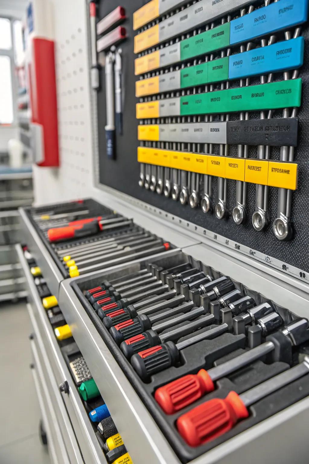 Tools organized with color-coded labels in a tool crib.