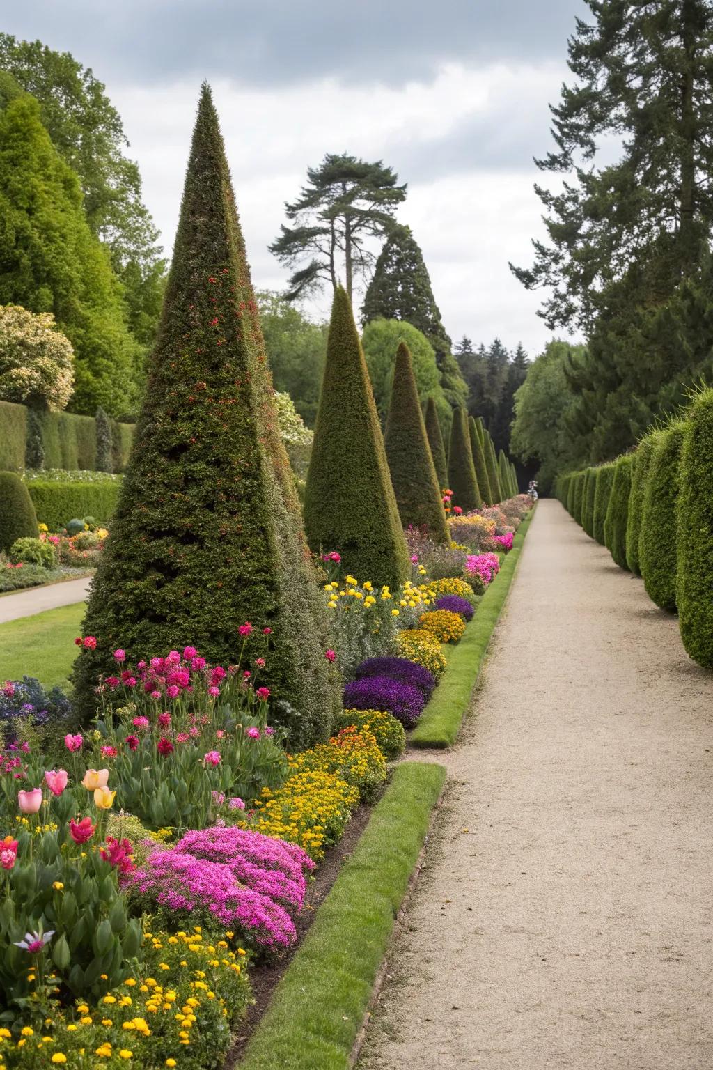 Tall conical topiary adding height and structure to a garden path.