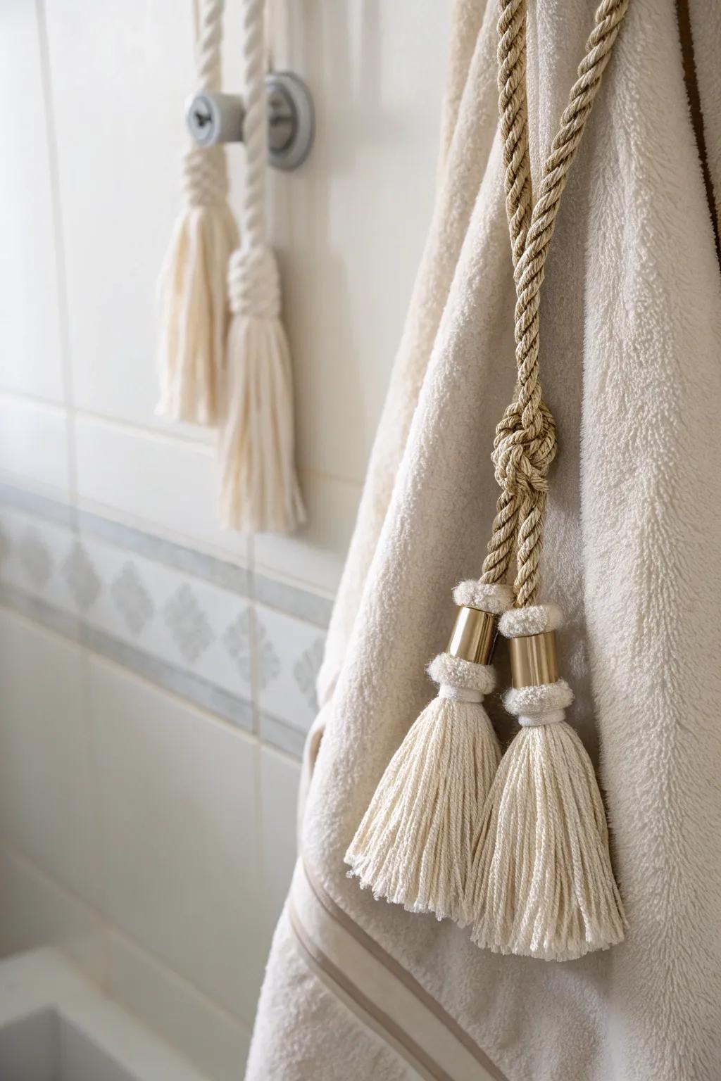 Elevate your bathroom decor with luxurious tassel-accented towel tie-backs. A perfect blend of minimalist elegance and boho charm.