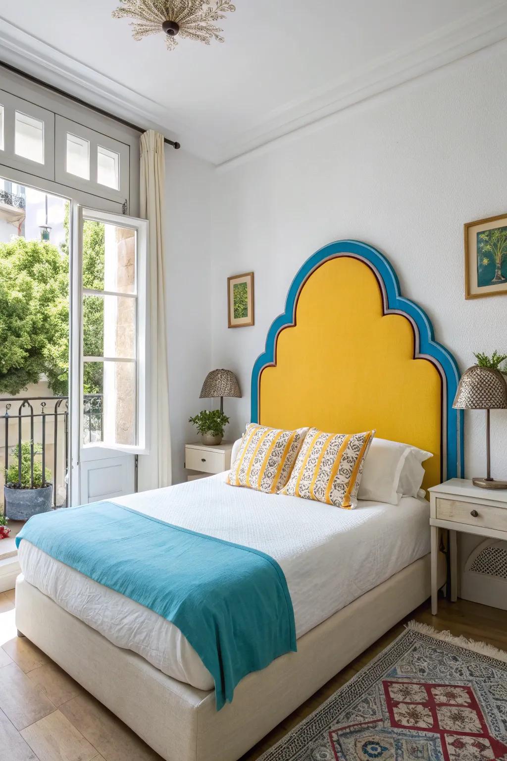 A bold headboard adds character and acts as a focal point in this townhouse bedroom.