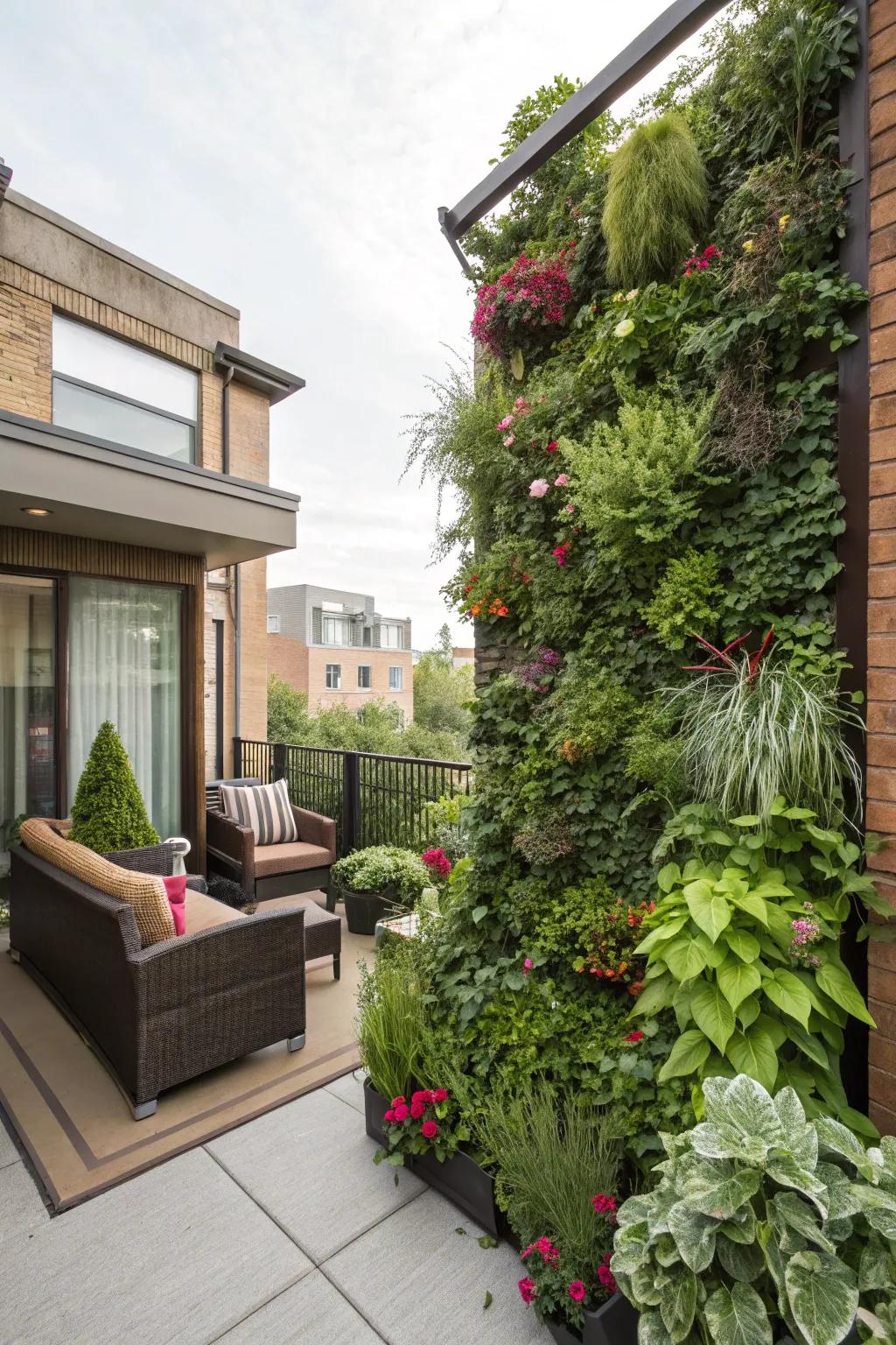 Vertical gardens add greenery and save space.