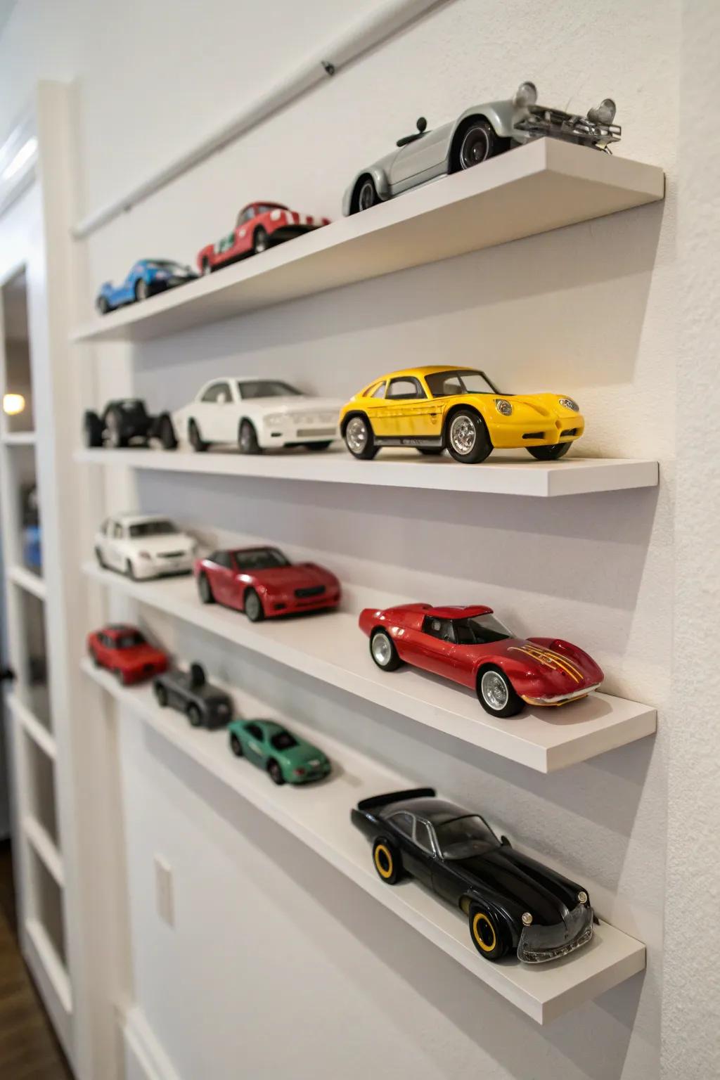 Floating shelves displaying a collection of toy cars.