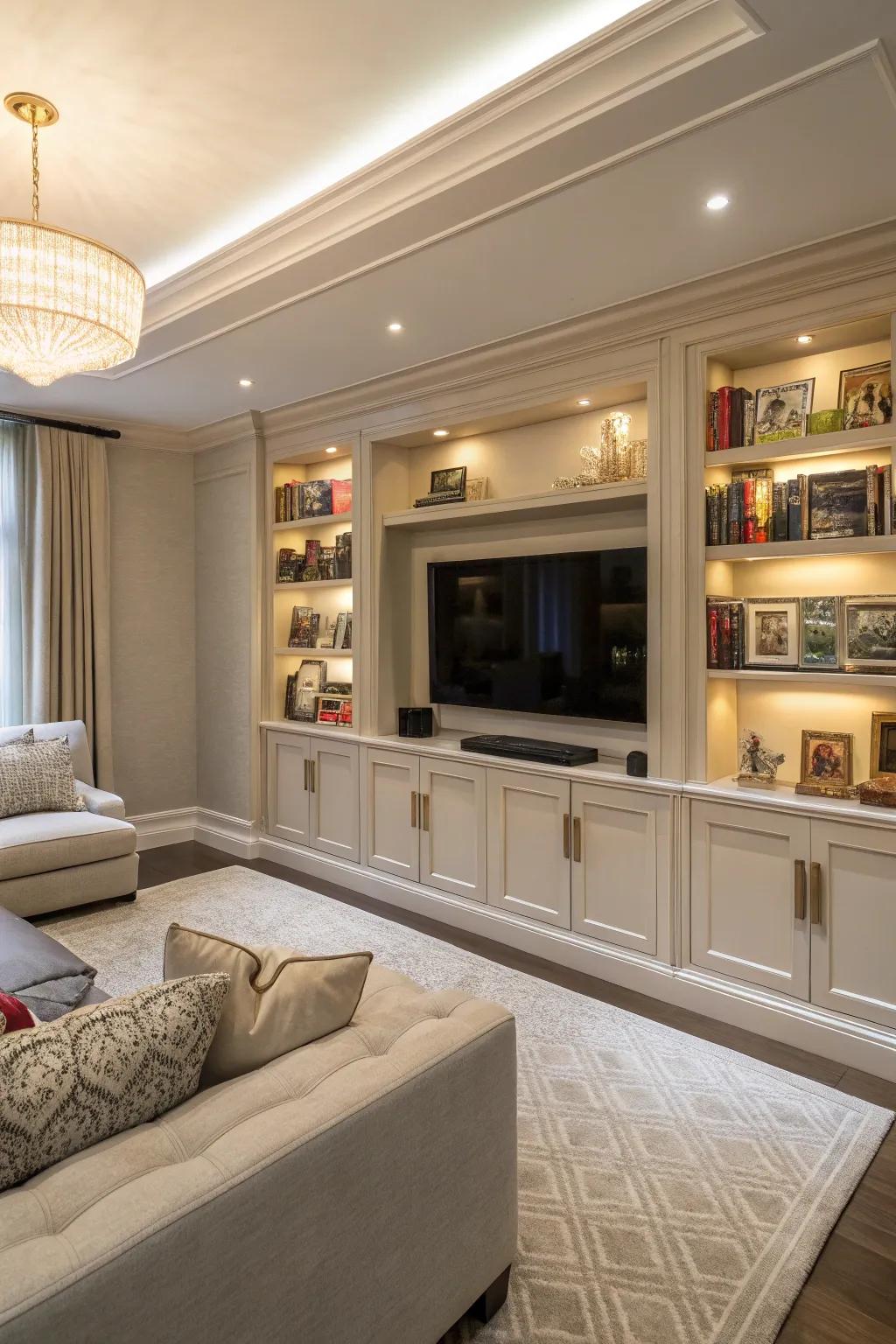 Built-in cabinetry with hidden shelves for toys.