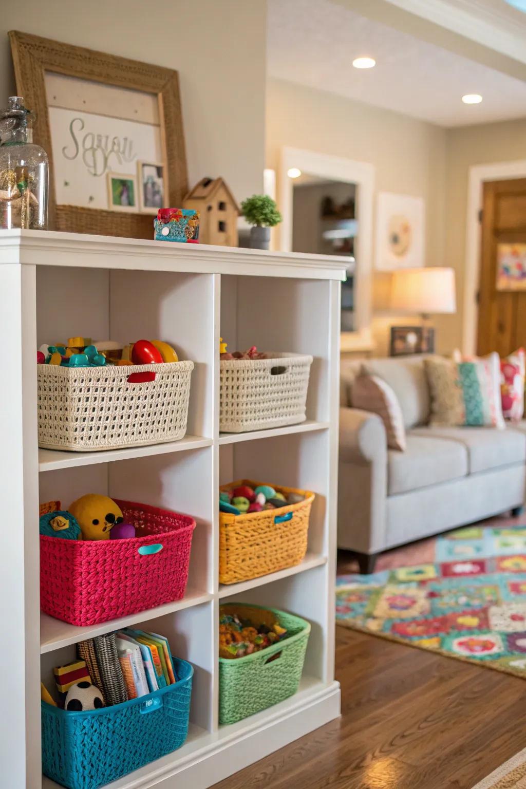 Open shelves with decorative baskets for toy storage.